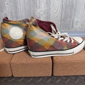 Converse Checkered High-Top Wedge Sneakers - Red, Yellow, Green